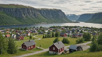 Et fredelig norsk landskap med en liten landsby eller by i bakgrunnen.