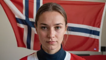 En person med et sterkt og selvbevisst uttrykk, med et norsk flagg i bakgrunnen.