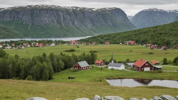 Et idyllisk norsk landskap med en liten landsby eller gård i bakgrunnen.