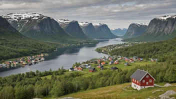 Et fredelig norsk landskap med en liten landsby i bakgrunnen.