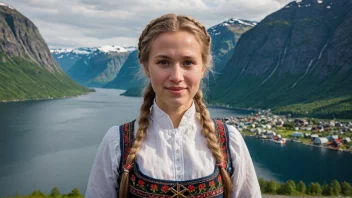 Et portrett av en kvinne ved navn Arnhild, som bærer en tradisjonell norsk kjole, med et fredelig landskap av fjorder og fjell i bakgrunnen.
